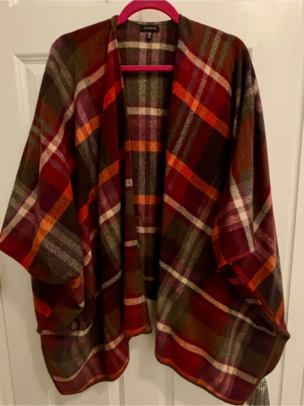 Talbots Burgundy Multi Plaid Open-Front Wrap Cape